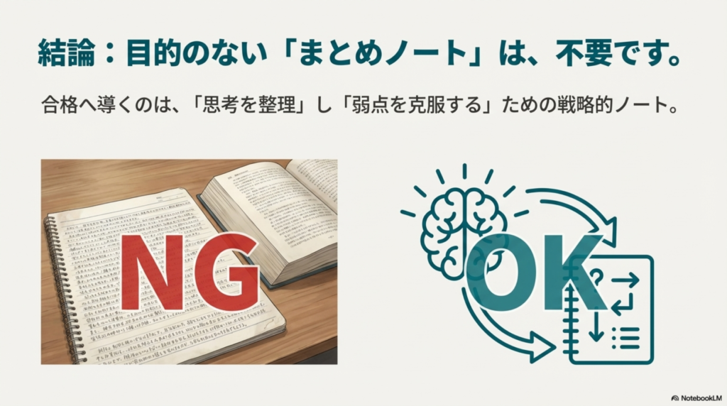 きれいなまとめノート作成はNGで思考整理がOKというFP勉強法の比較図