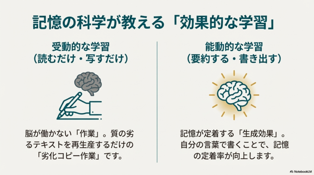 受動的な学習と能動的な学習の違いと記憶定着率を高める生成効果の解説