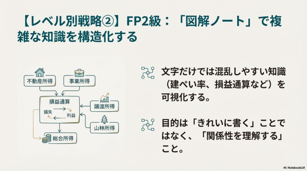 FP2級の複雑な知識を構造化するための図解ノート活用例と損益通算の図