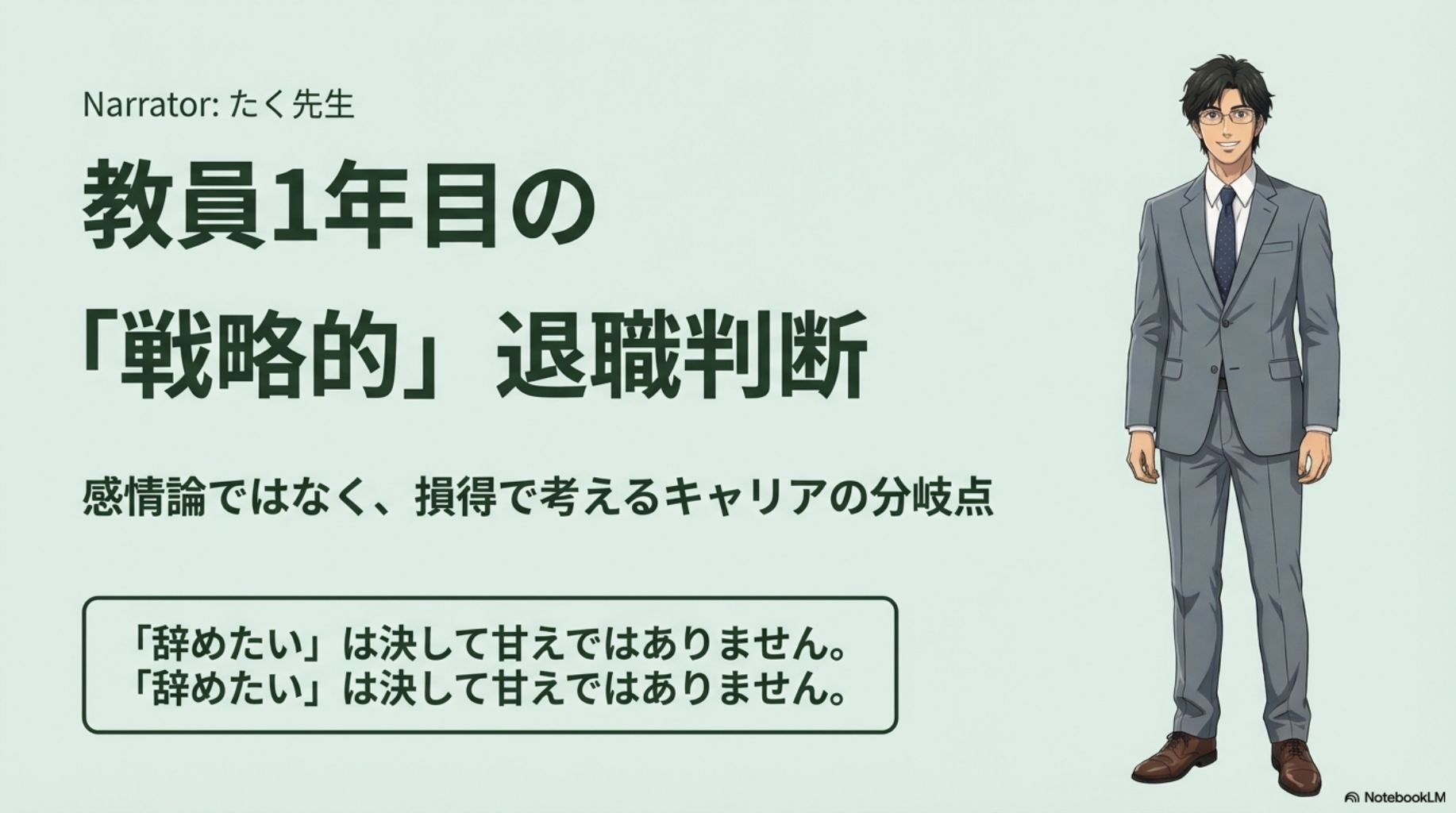 スーツを着た男性教員（たく先生）が自信のある表情で立っているイラスト。教員1年目の戦略的退職判断というタイトル。