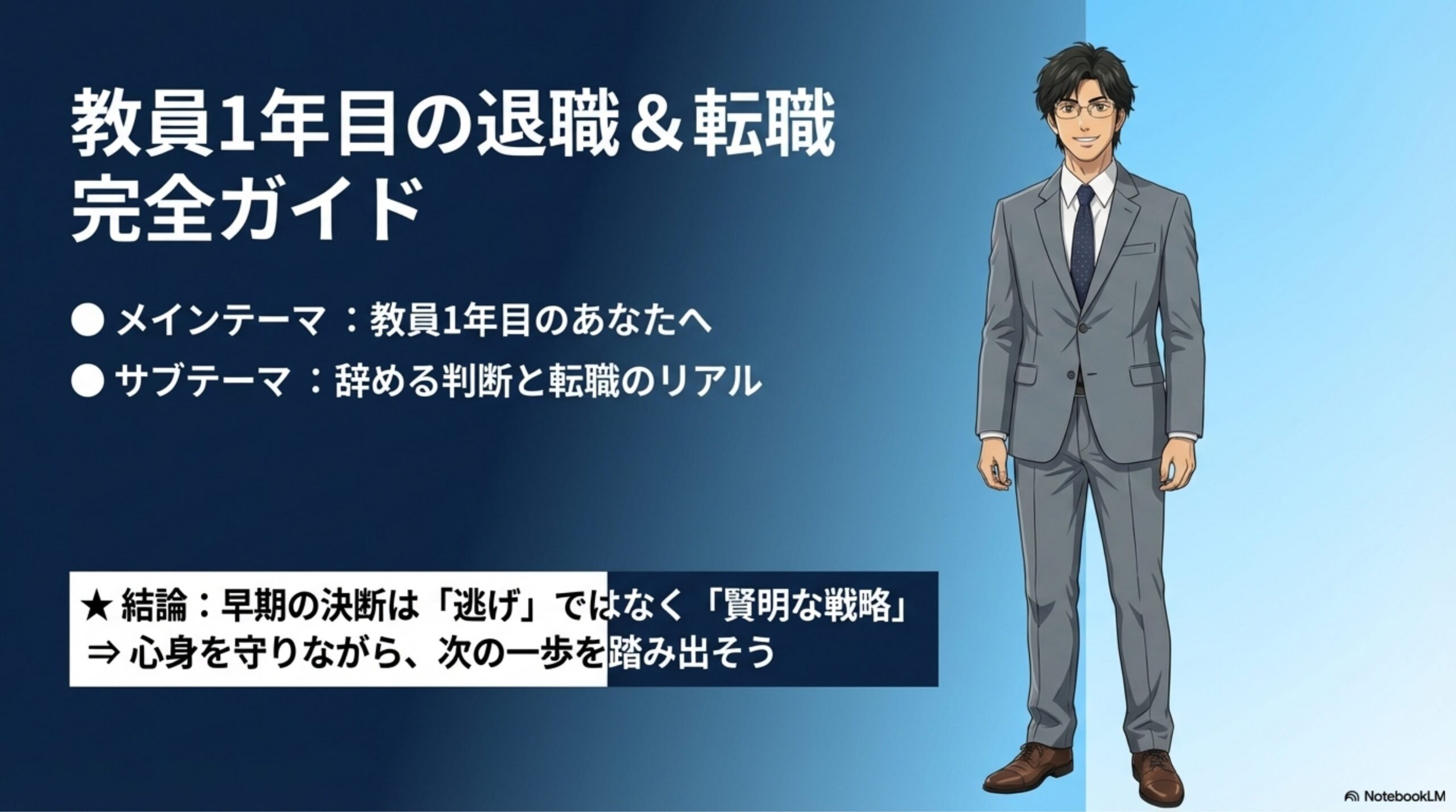 教員1年目で辞めたいと悩む若手教員が、キャリアの次の一歩を踏み出す様子を描いたアイキャッチ図解
