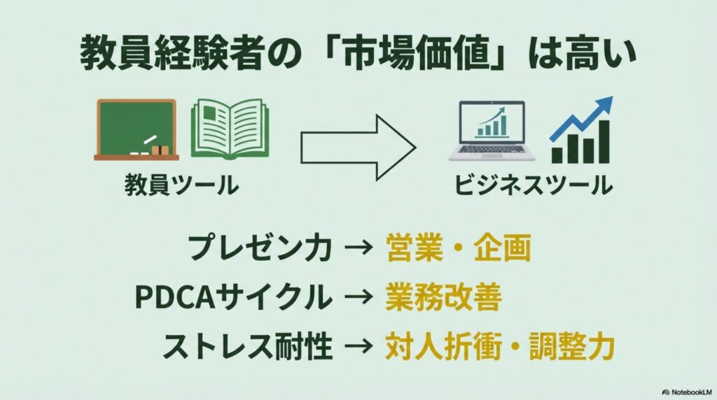 教員時代のプレゼン力やPDCA経験、ストレス耐性がビジネススキルとしてどう活きるかを示した図。