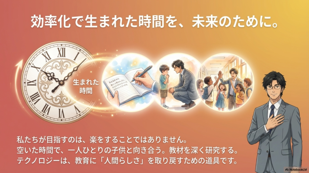 業務効率化によって生まれた時間で、子どもたち一人ひとりと向き合う余裕ができた先生のイラスト