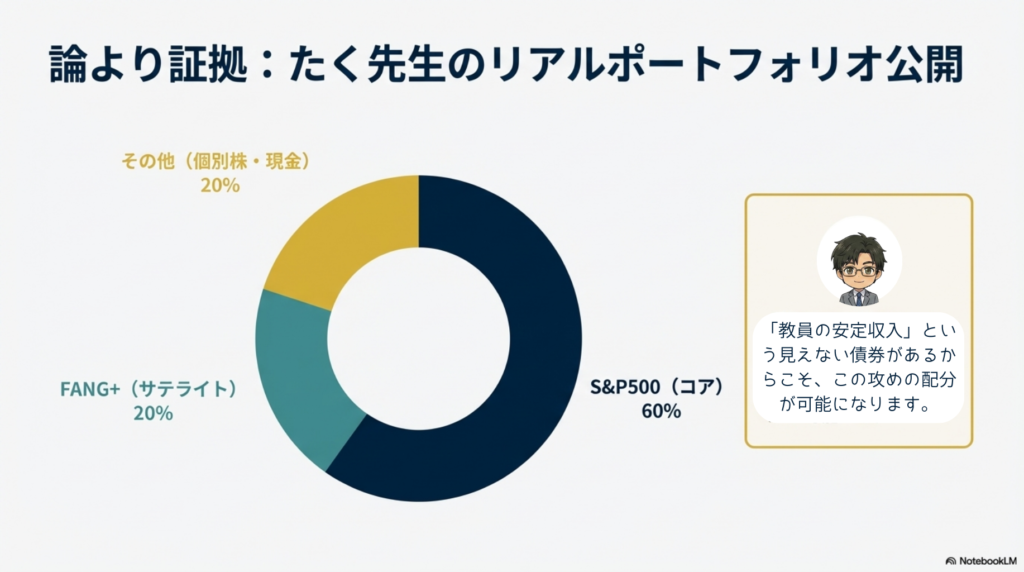 たく先生のNISAポートフォリオ内訳（S&P500 60%、FANG+ 20%、その他 20%）