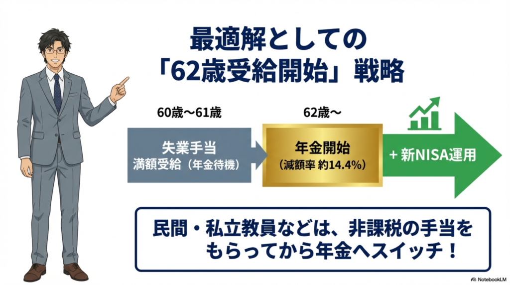 失業手当を満額受給してから62歳で年金繰上げを開始する戦略のタイムライン