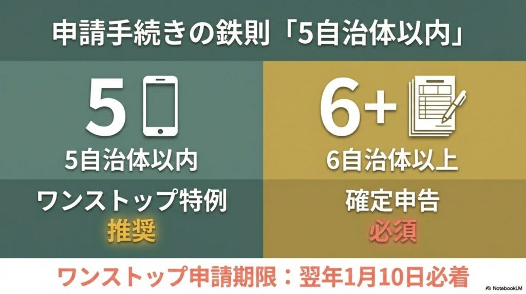 ワンストップ特例制度の適用条件。5自治体以内ならワンストップ、6自治体以上なら確定申告が必須となる分岐点。