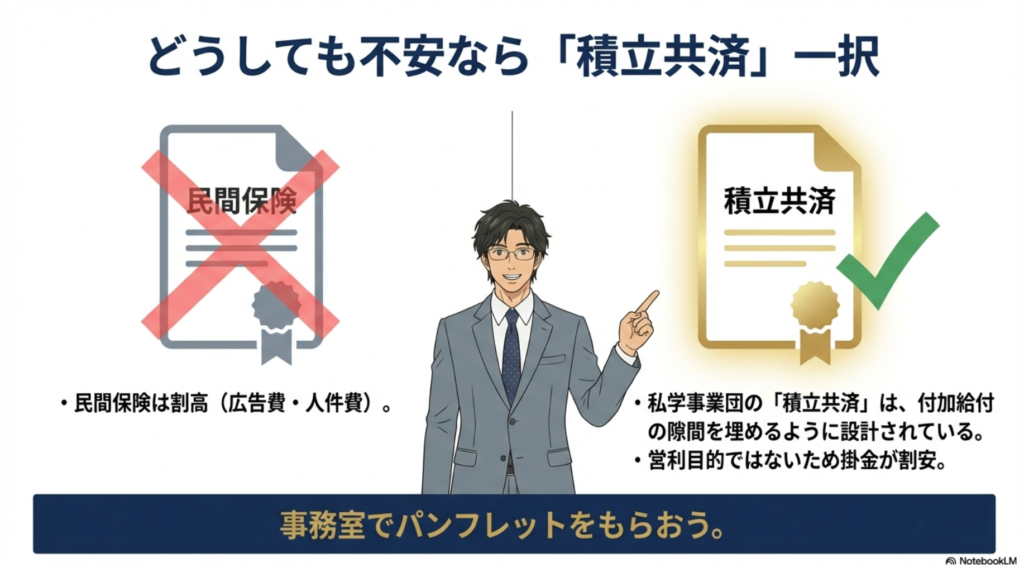 民間保険は割高だが、私学事業団の「積立共済」は付加給付の隙間を埋める設計で割安。おすすめの選択肢。