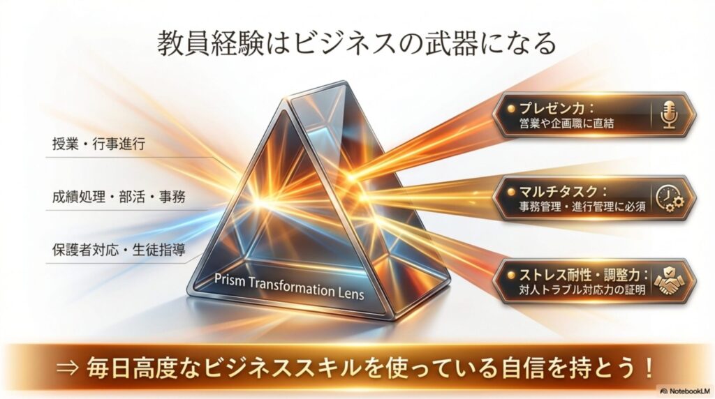教員が日々行っている業務が、ビジネスでどのように高く評価されるかを示した図解
