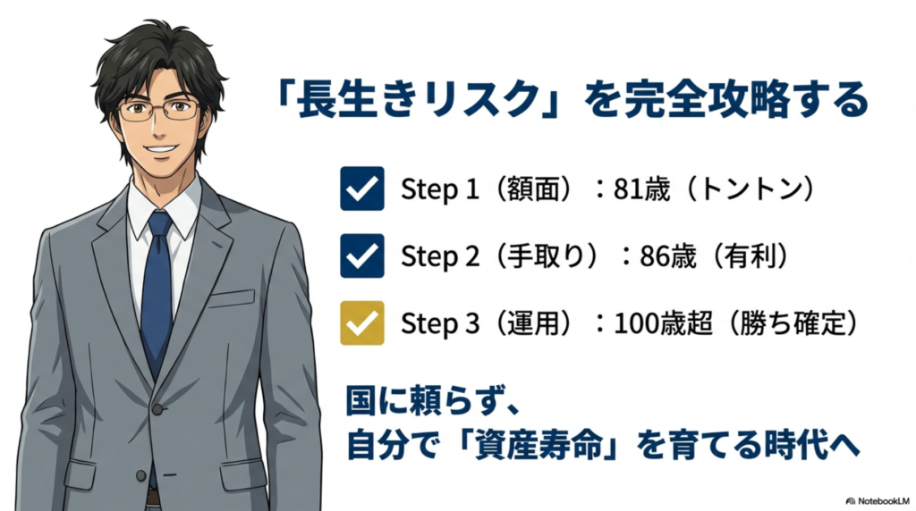 年金の長生きリスクを攻略するための3つのステップ（額面・手取り・運用）