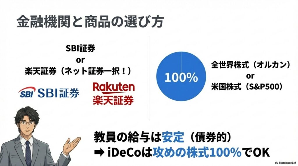 SBI証券か楽天証券を選び、商品は全世界株式や米国株式100%で運用することをおすすめする図