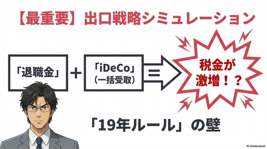 退職金とiDeCoを一括受取した場合、「19年ルール」により税金が激増するリスクの図解