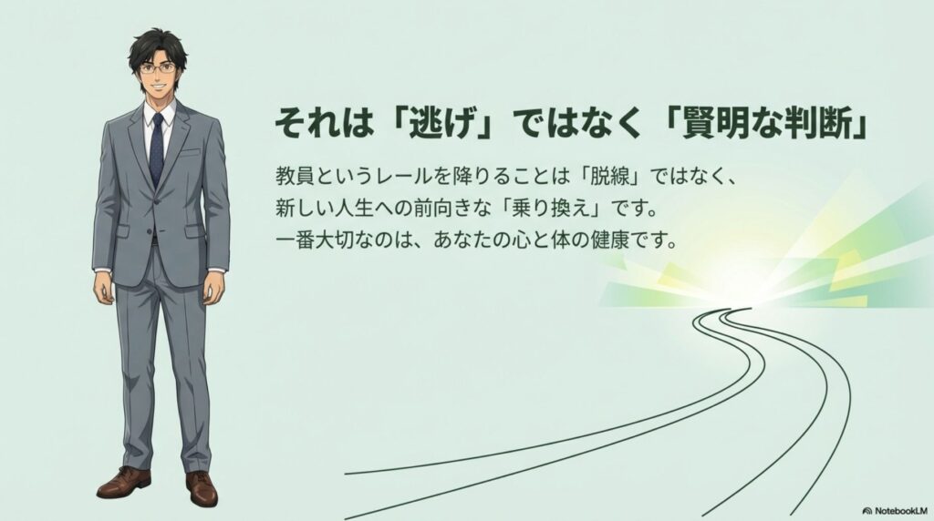 スーツ姿のたく先生が笑顔で応援しているイラスト。「逃げではなく賢明な判断」というメッセージ。