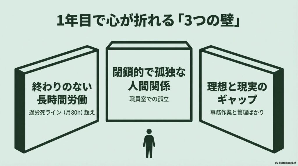 終わりのない長時間労働、閉鎖的な人間関係、理想と現実のギャップという教員1年目で心が折れる3つの壁の図解。