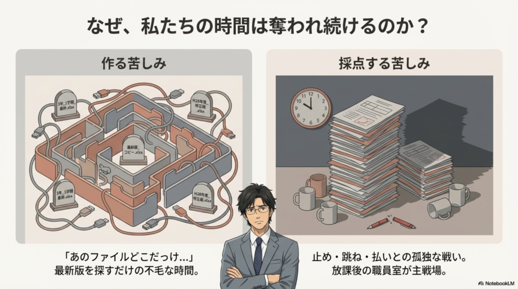 山積みの書類とファイル管理の迷路に悩み、疲弊している先生のイラスト