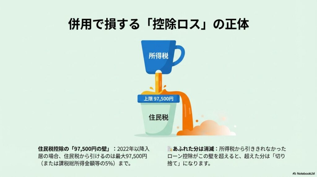 住宅ローン控除が所得税から引ききれずに住民税へ充当される際、97,500円の上限を超えると切り捨てられて損をする「控除ロス」の仕組み図解。

2. 所得控除と税額控除の計算