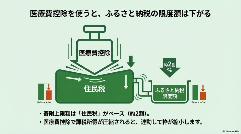 医療費控除によって住民税の所得割額が減り、ふるさと納税の限度額が下がる仕組みの図解