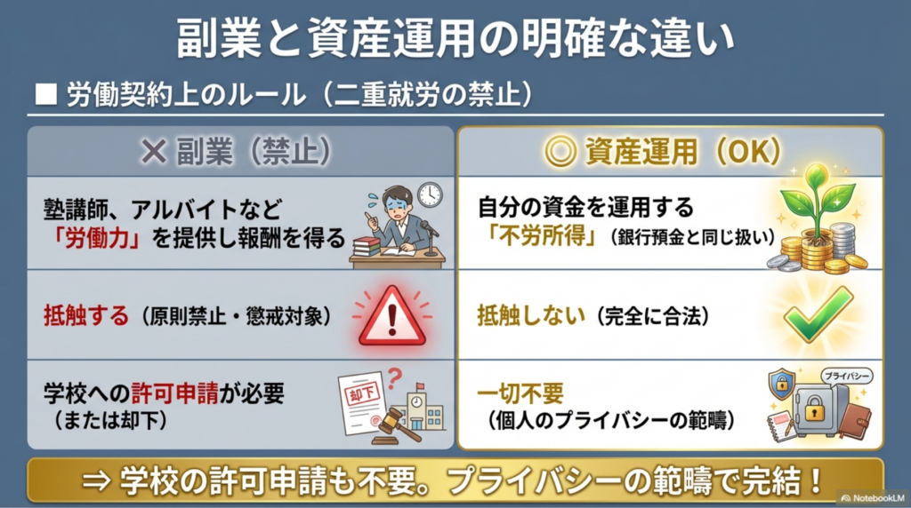 就業規則における「副業禁止」と「資産運用」の違いを比較したインフォグラフィック
