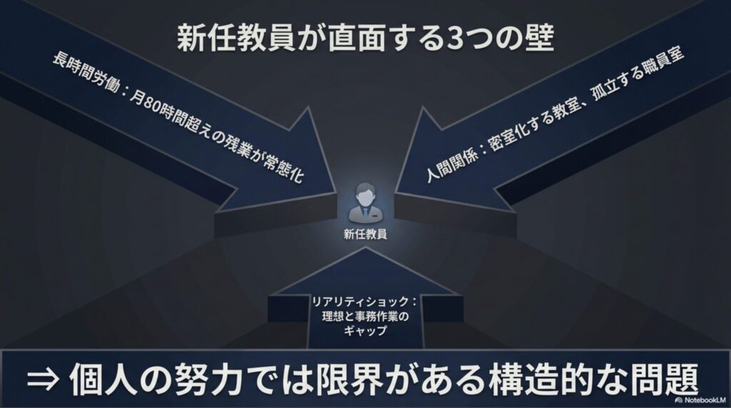 新任教員を追い詰める長時間労働、人間関係、リアリティショックの3つの原因を示した図解
