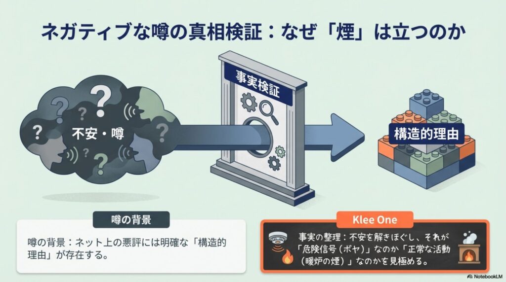 第二新卒エージェントneoのネット上の噂（煙）と、その裏にある構造的な理由（真実）を事実検証する概念図