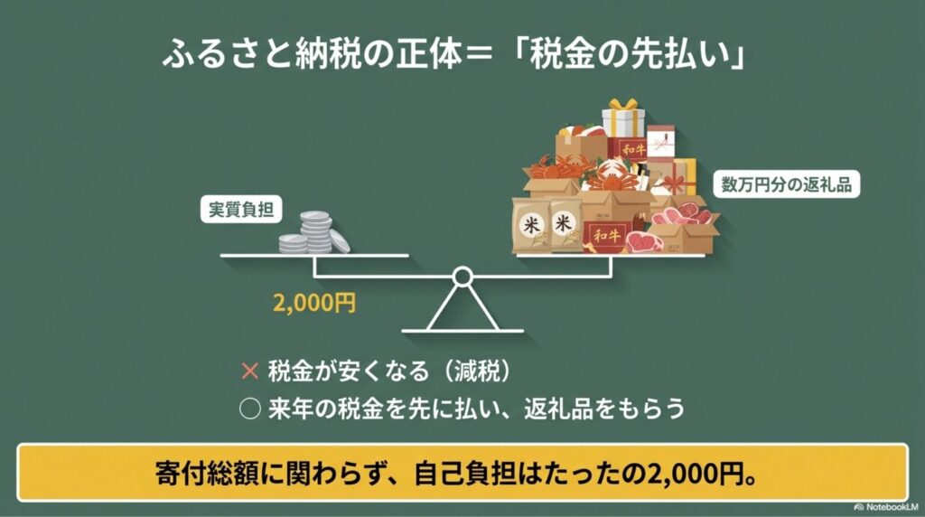 ふるさと納税の仕組み図解。自己負担2,000円と数万円分の返礼品（お米・和牛など）のバランス。