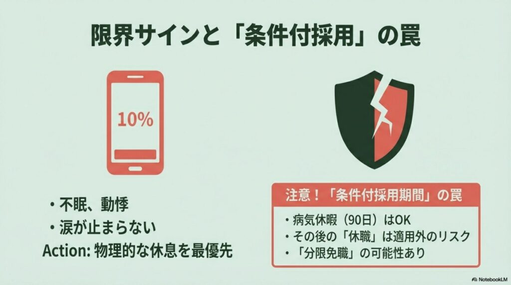 スマホのバッテリー10%とひび割れた盾のイラスト。メンタル不調のサインと条件付採用期間における休職制度適用の注意点。