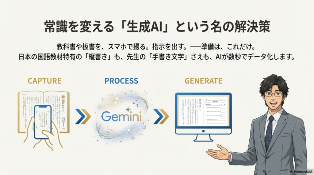 教科書をスマホで撮影し、Geminiが画像認識してテストを自動生成するプロセスの図解