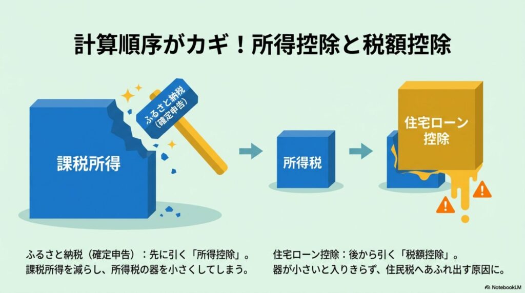 確定申告における所得控除（ふるさと納税）と税額控除（住宅ローン控除）の優先順位。課税所得が減ることで住宅ローン控除の枠が小さくなる仕組み。