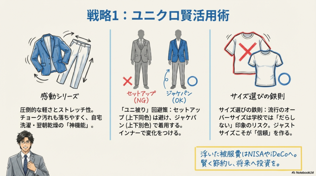 ユニクロのセットアップNG例とジャケパンOK例の比較イラスト