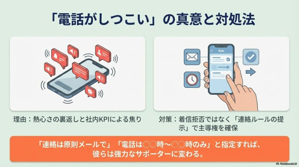 エージェントからの電話連絡がしつこい場合の対策。着信拒否ではなく、メール連絡や時間指定などのルールを提示することで主導権を確保する方法。