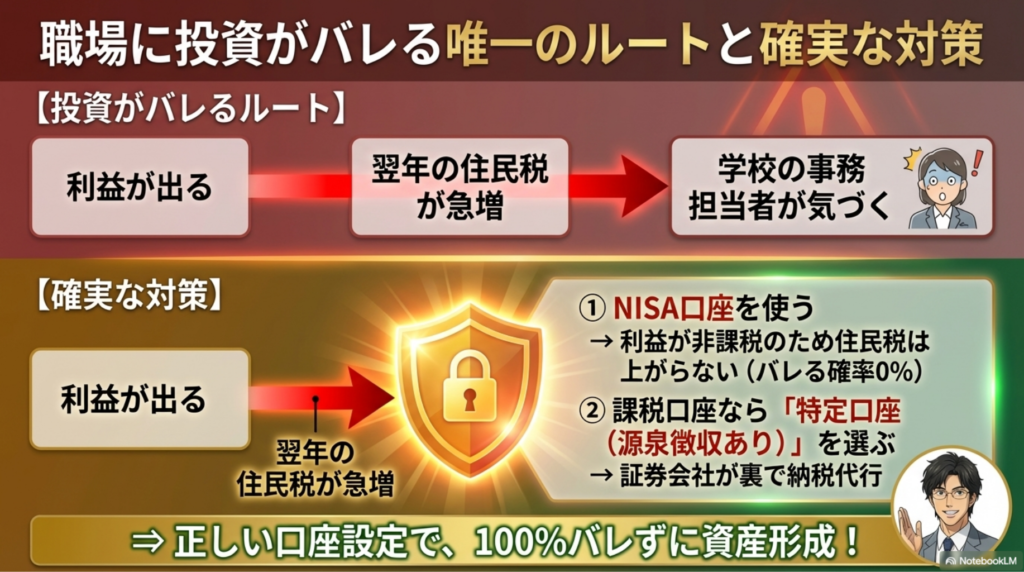 投資の利益が住民税に反映される仕組みと、特定口座（源泉徴収あり）やNISA口座による対策を示す図解
