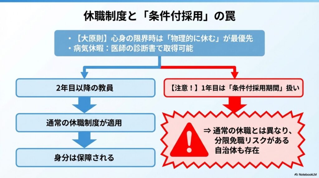 初任者が休職を検討する際の病気休暇の仕組みと、条件付採用期間による注意点を解説した図解
