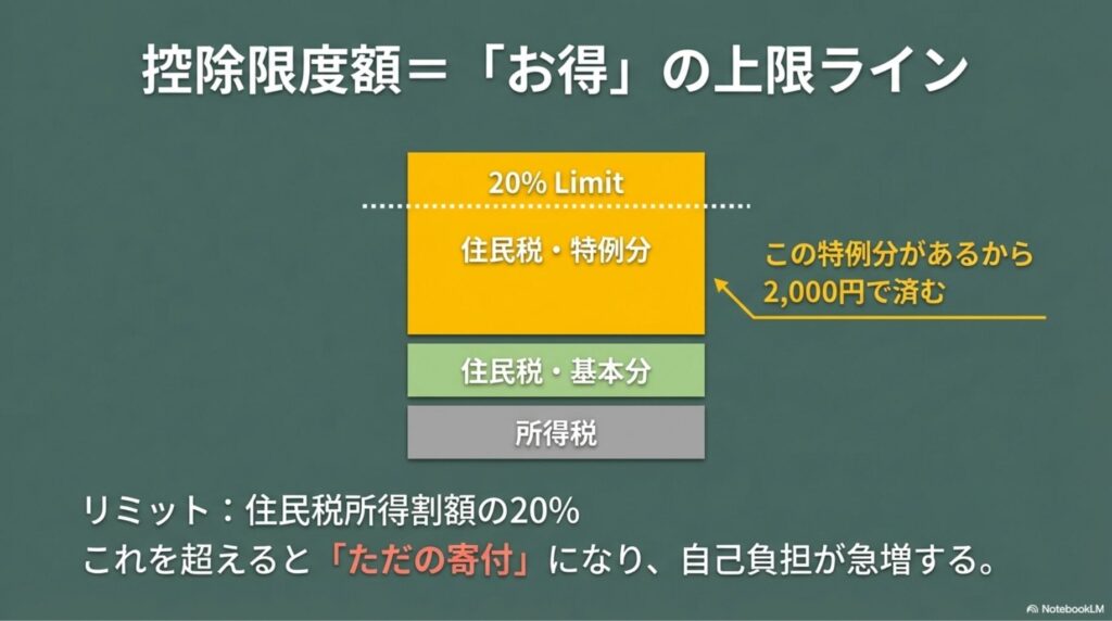 ふるさと納税の控除3層構造。住民税特例分が住民税所得割額の20%を超えると自己負担が増える仕組み。