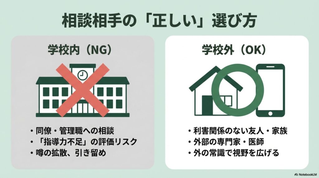 退職相談において学校内の同僚はNG、学校外の友人や専門家はOKであることを示す対比図。