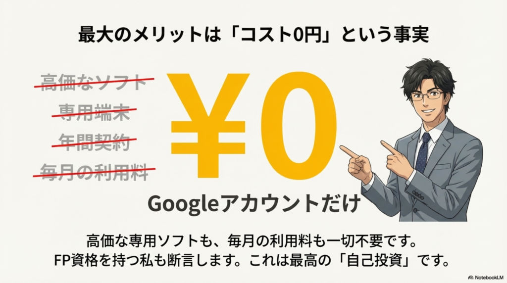 高価な専用ソフトや月額利用料が不要で、Googleアカウントのみで0円で使えるメリットの比較図