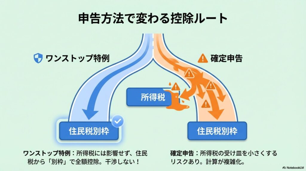 ワンストップ特例制度は住民税別枠で控除されるのに対し、確定申告は所得税と住民税の両方に影響し、控除ロスが起きやすいことを示す分岐図。