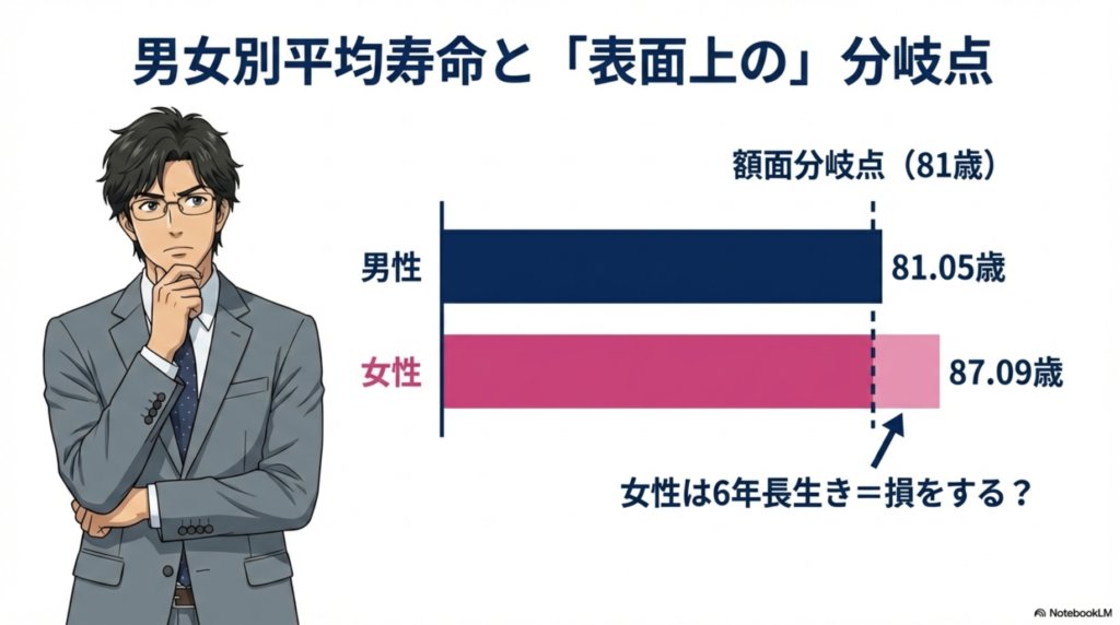男女別平均寿命と年金繰上げ受給の損益分岐点の比較グラフ