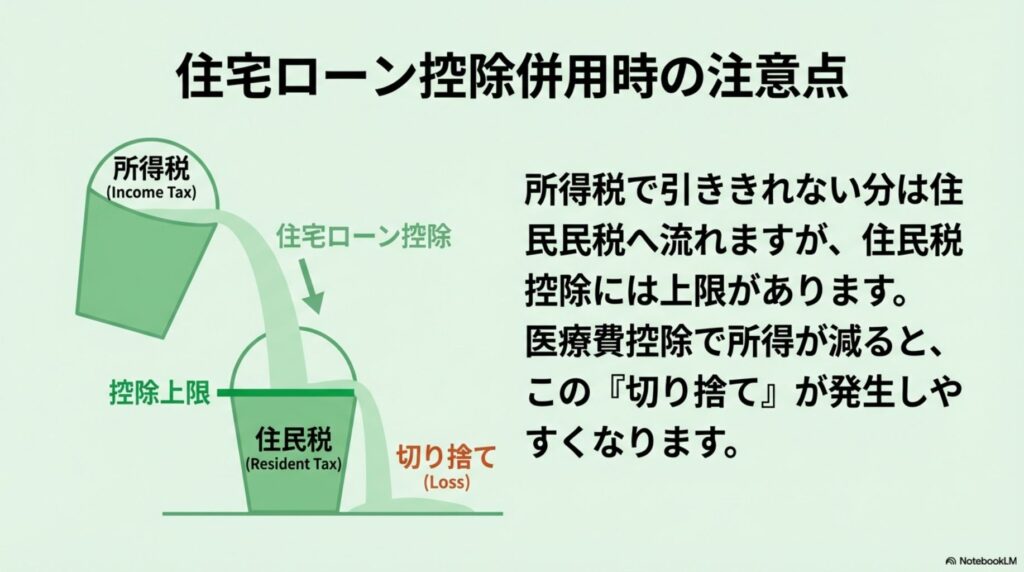 医療費控除により所得税が減少し、住宅ローン控除が住民税の上限を超えて切り捨てられる仕組み