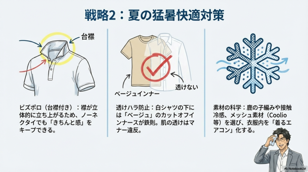 夏の快適な服装：台襟付きポロシャツと透けないベージュインナーの選び方