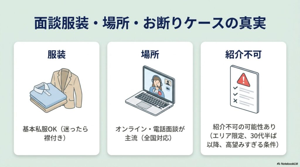 面談は私服OK（襟付き推奨）、オンラインや電話面談が主流であること、および紹介不可となる可能性のあるケース（エリア限定や高望み条件など）の解説。