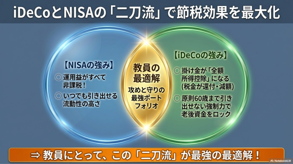 NISAによる非課税メリットと、iDeCoによる所得控除のメリットを併用する図解
