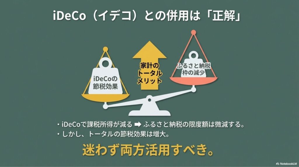 iDeCoとふるさと納税を併用した場合のトータルメリット。ふるさと納税の限度額は微減するが、全体の節税効果は増大する。