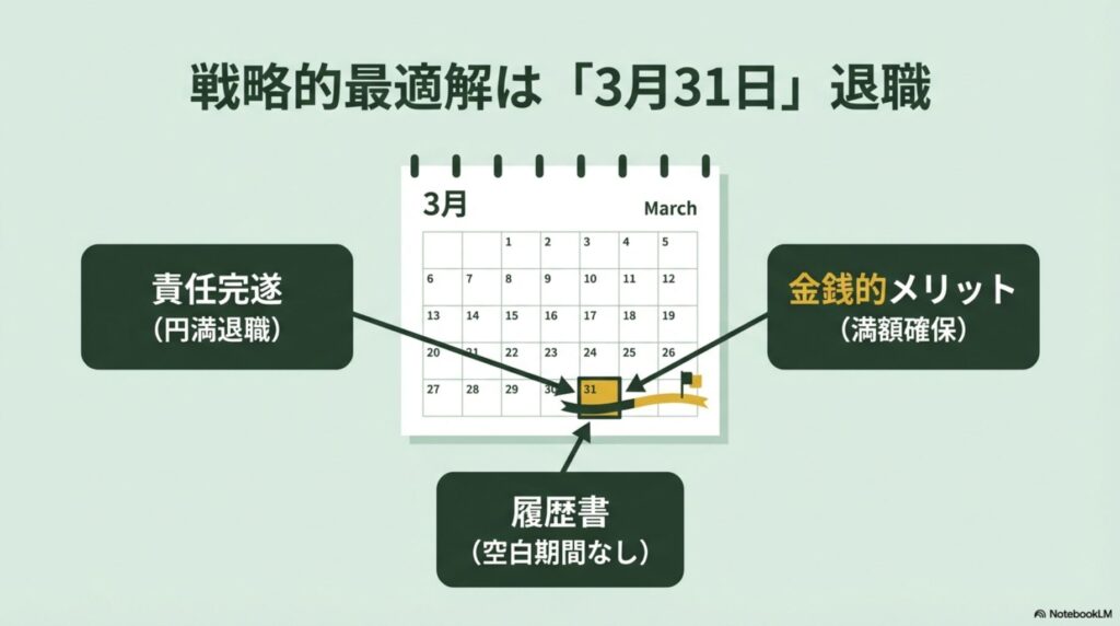 3月31日退職が責任完遂、金銭的メリット、履歴書の面で有利であることを示すカレンダーの図。