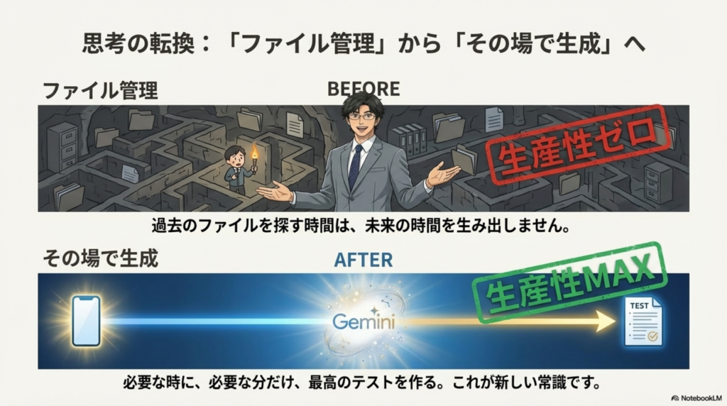 過去のファイルを探す従来の管理方法と、必要な時にその場で生成する新しい方法の生産性比較図