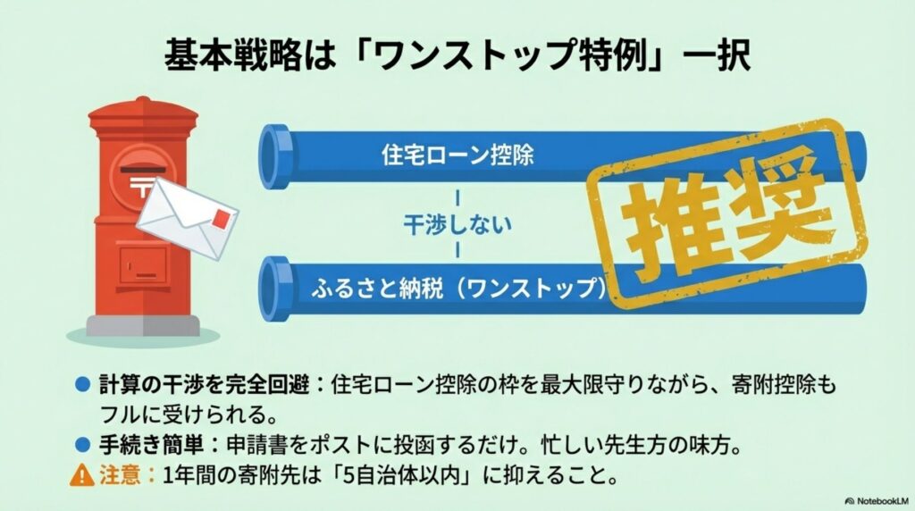 ワンストップ特例制度は住宅ローン控除に干渉せず、ポスト投函だけで手続きが完了することを示すイラスト。
