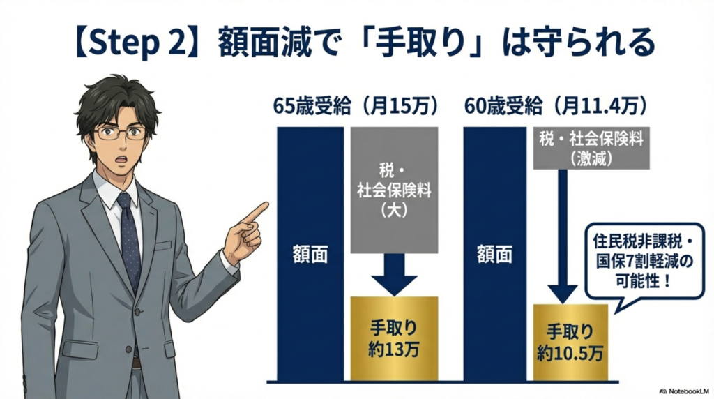 65歳受給と60歳繰上げ受給の額面と手取り額の比較シミュレーション