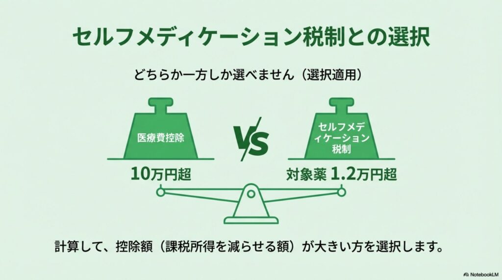 医療費控除（10万円超）とセルフメディケーション税制（1.2万円超）のどちらが得か比較する天秤の図