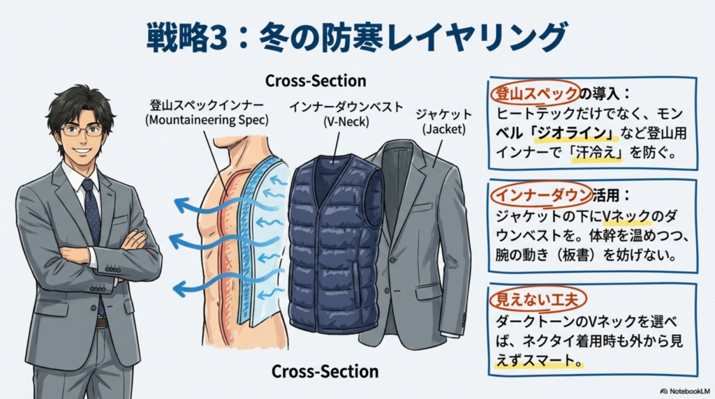 冬の防寒対策：登山用インナーとインナーダウンベストの重ね着図解