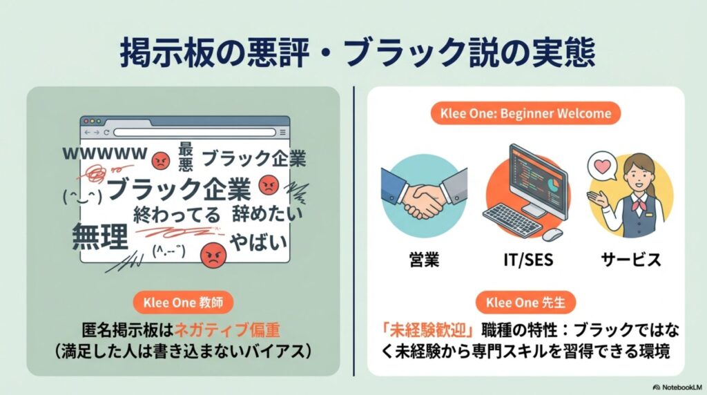 匿名掲示板の書き込みはネガティブな内容に偏りやすいというバイアスと、ブラック企業ではなく未経験からスキル習得できる環境であるという実態の解説。