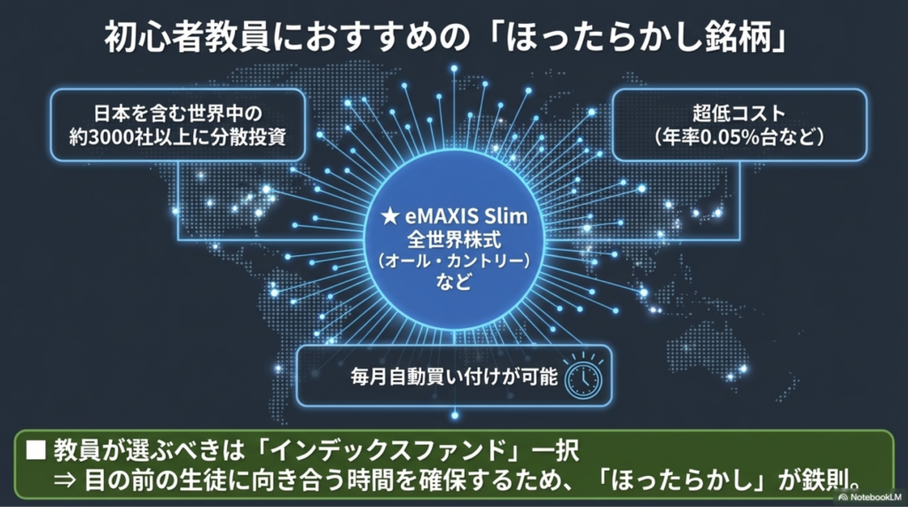 忙しい教員向けのインデックス投資（オルカンやS&P500）の仕組みを示す図解スライド
