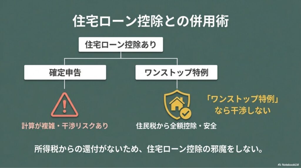 住宅ローン控除がある場合のふるさと納税。ワンストップ特例なら住民税から全額控除されるため、所得税の住宅ローン控除枠に干渉しない。